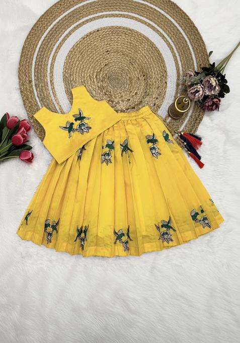 Yellow Embroidered Cotton Lehenga Set For Girls