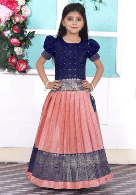 Blue Woven Design Cotton Lehenga Set For Girls