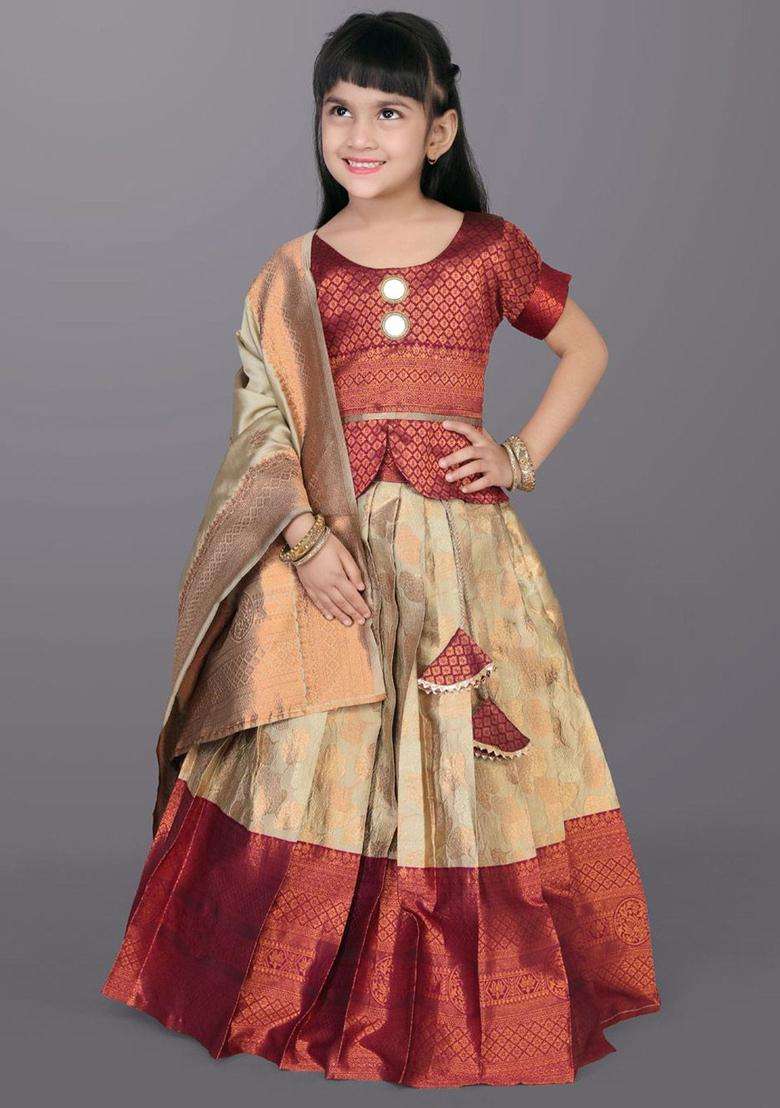 Beige Woven Design Silk Lehenga Set For Girls - Indya