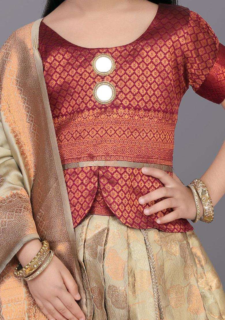 Beige Woven Design Silk Lehenga Set For Girls - Indya