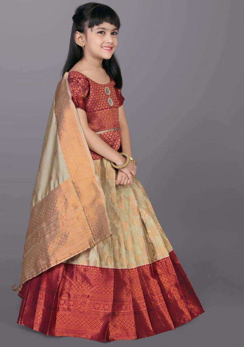Beige Woven Design Silk Lehenga Set For Girls - Indya