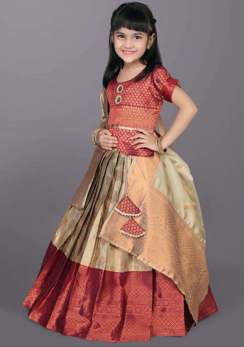 Beige Woven Design Silk Lehenga Set For Girls - Indya