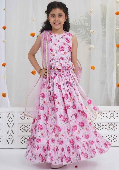 Pink Printed Cotton Lehenga Set For Girls — view on Indya