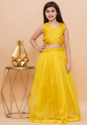 Yellow Embroidered Organza Lehenga Set For Girls