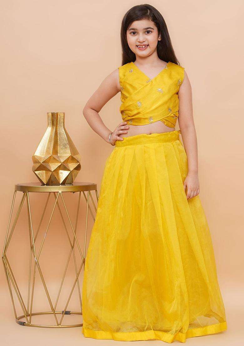 Yellow Embroidered Organza Lehenga Set For Girls - Indya