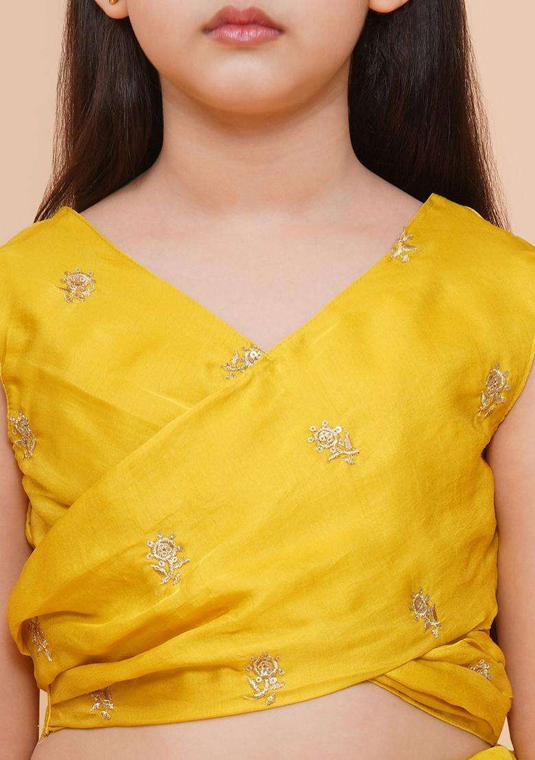Yellow Embroidered Organza Lehenga Set For Girls - Indya