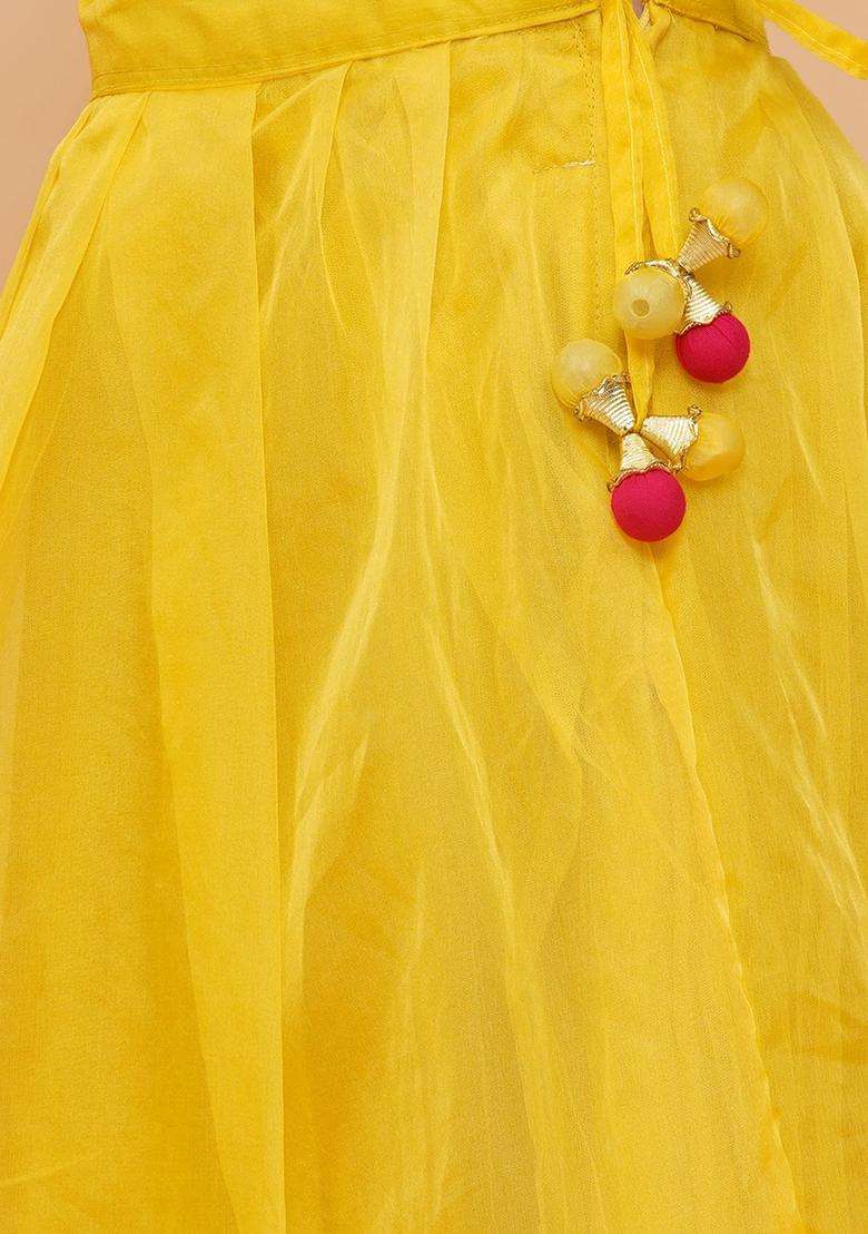 Yellow Embroidered Organza Lehenga Set For Girls - Indya
