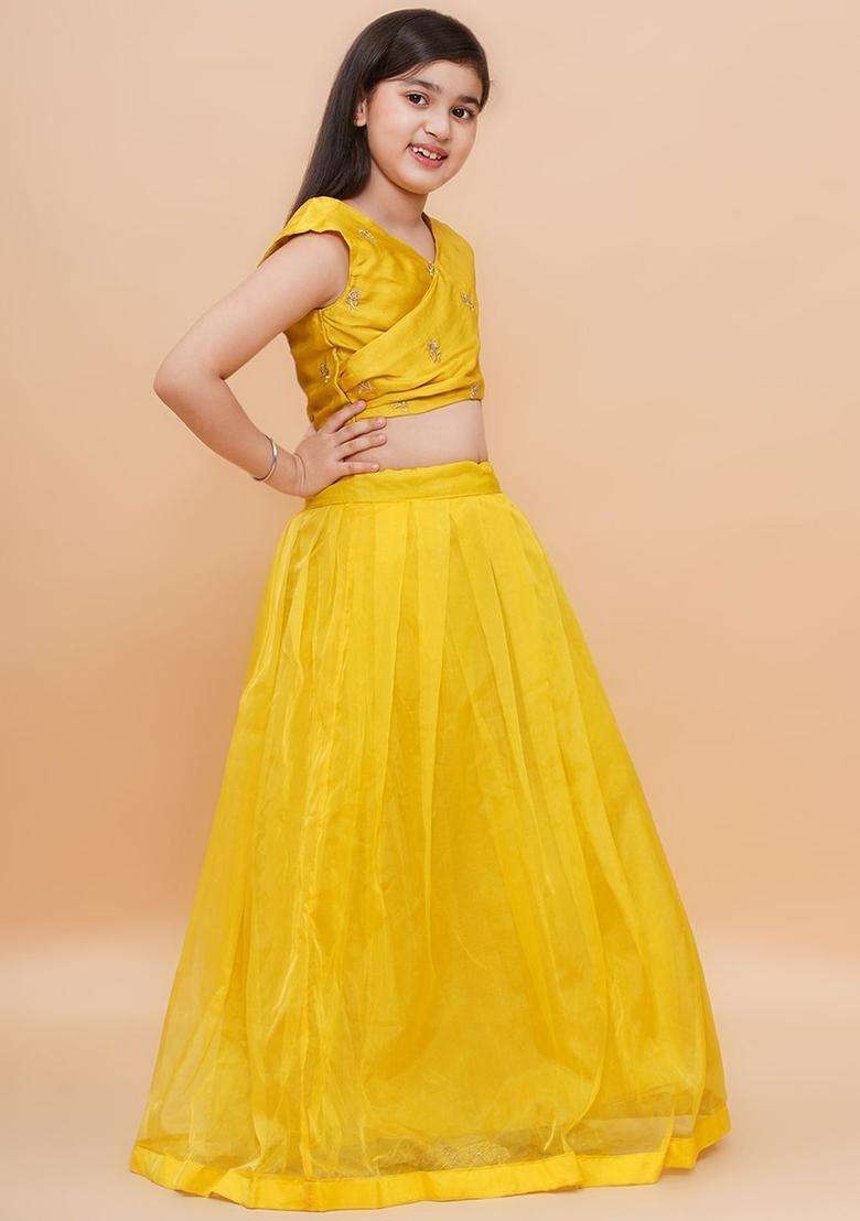 Yellow Embroidered Organza Lehenga Set For Girls - Indya