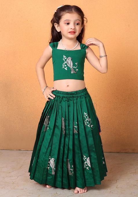 Green Embroidered Cotton Lehenga Set For Girls — view on Indya
