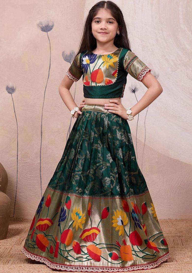 Green Floral Silk Lehenga Set For Girls - Indya