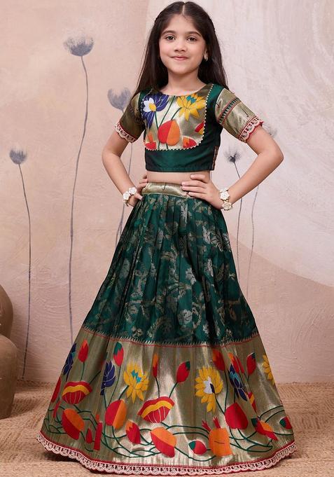 Green Floral Silk Lehenga Set For Girls — view on Indya