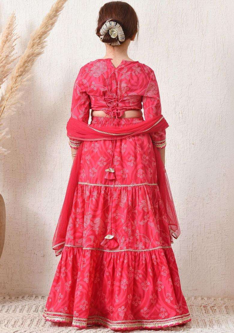Pink Printed Viscose Lehenga Set For Girls - Indya