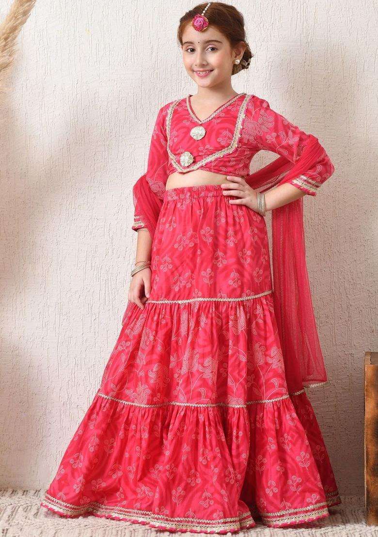 Pink Printed Viscose Lehenga Set For Girls - Indya