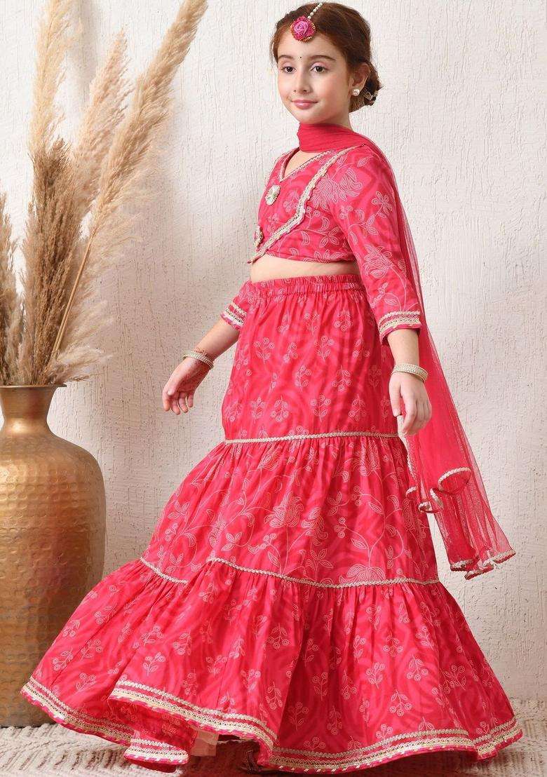 Pink Printed Viscose Lehenga Set For Girls - Indya