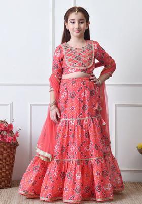 Peach Printed Silk Lehenga Set For Girls