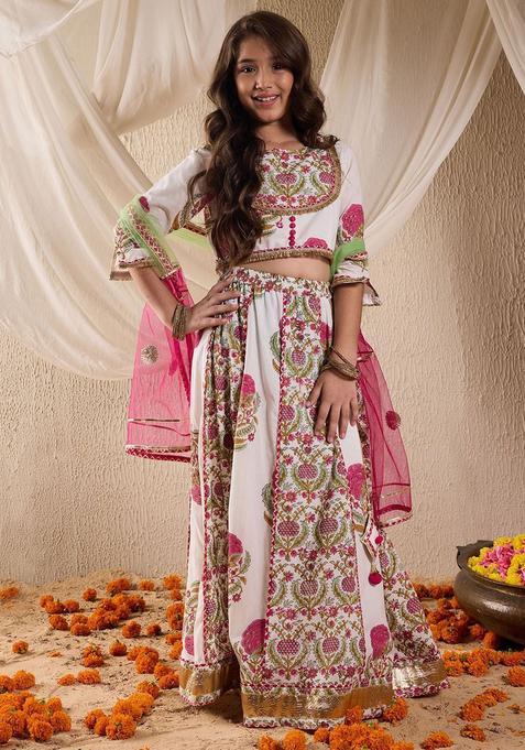 White Printed Net Lehenga Set For Girls — view on Indya