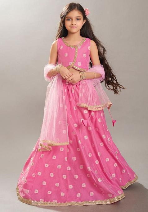 Pink Woven Design Silk Lehenga Set For Girls — view on Indya