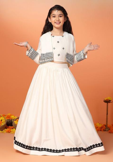 White Embroidered Silk Lehenga Set For Girls — view on Indya