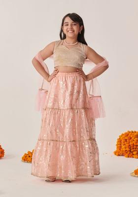 Peach Printed Silk Lehenga Set For Girls