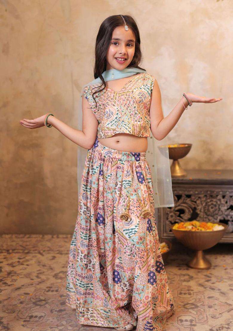 Peach Embroidered Polyester Lehenga Set For Girls - Indya