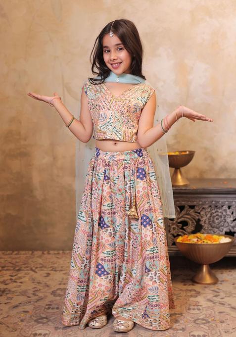Peach Embroidered Polyester Lehenga Set For Girls — view on Indya