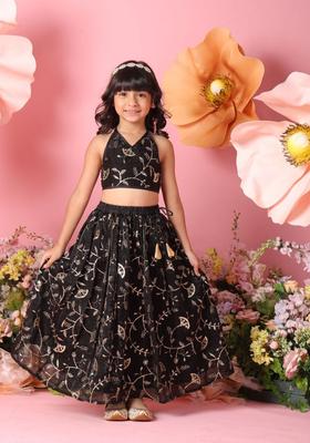 Black Embroidered Silk Lehenga Set For Girls