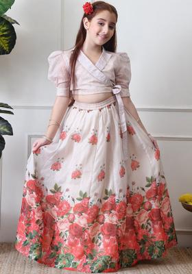 White Printed Organza Lehenga Set For Girls