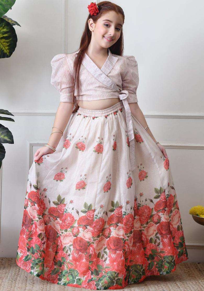 White Printed Organza Lehenga Set For Girls - Indya