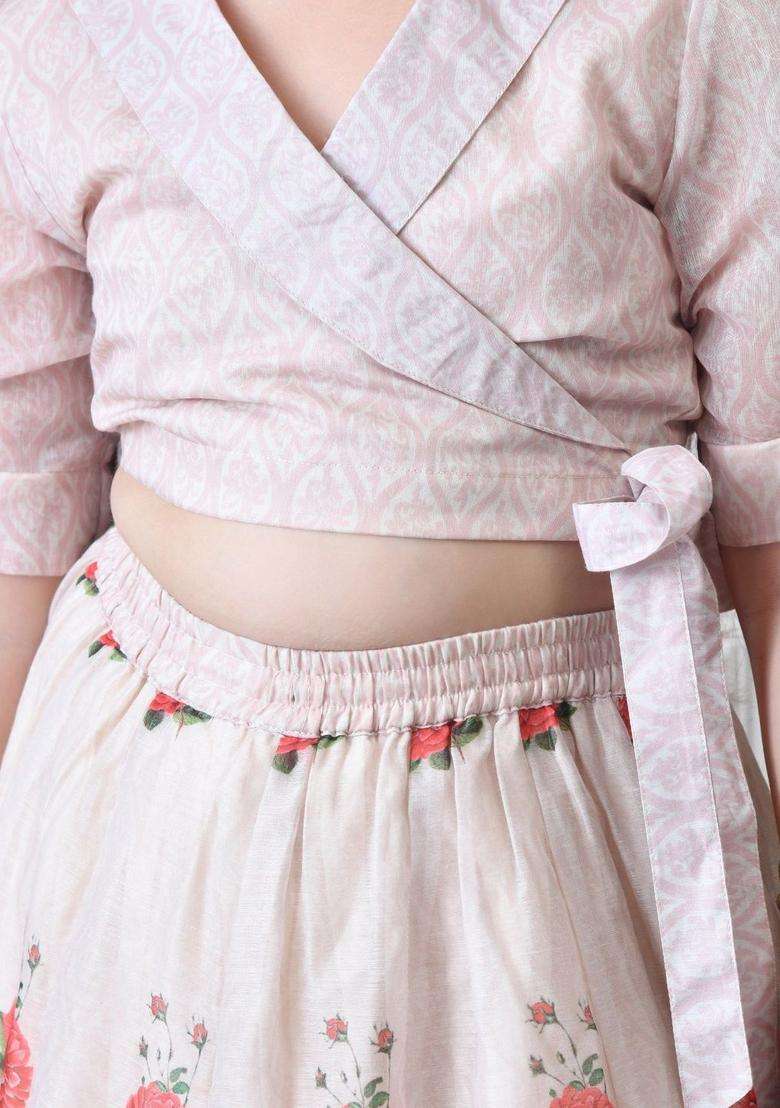 White Printed Organza Lehenga Set For Girls - Indya