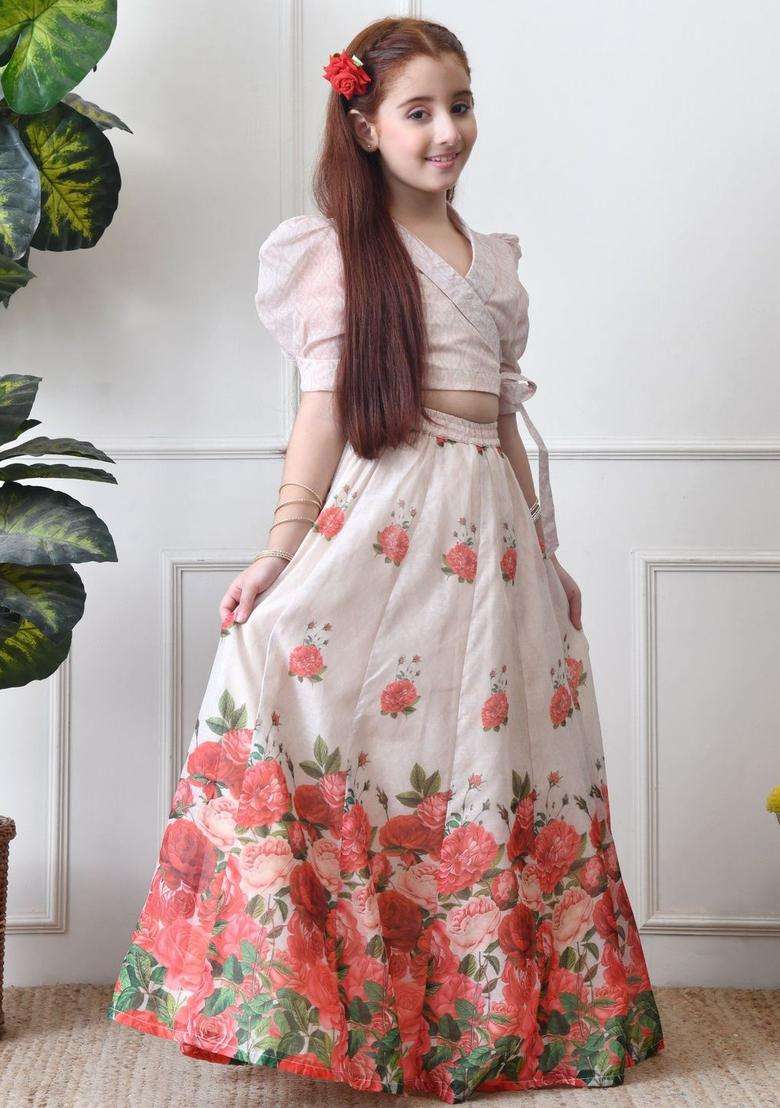 White Printed Organza Lehenga Set For Girls - Indya
