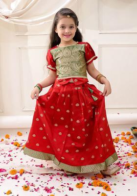 Red Woven Design Silk Lehenga Set For Girls