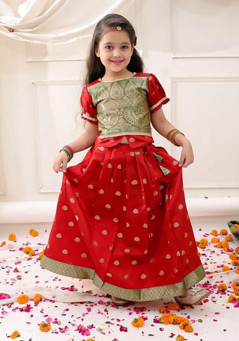 Red Woven Design Silk Lehenga Set For Girls — view on Indya