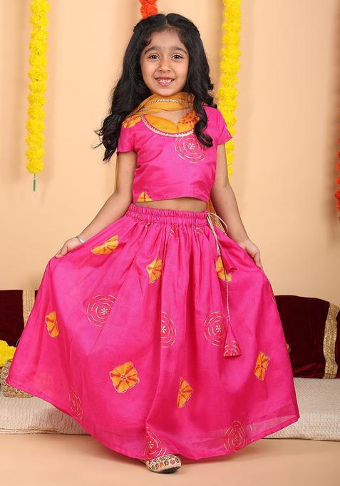 Pink Printed Cotton Lehenga Set For Girls — view on Indya