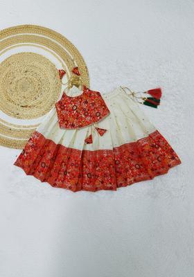 White Embroidered Cotton Lehenga Set For Girls