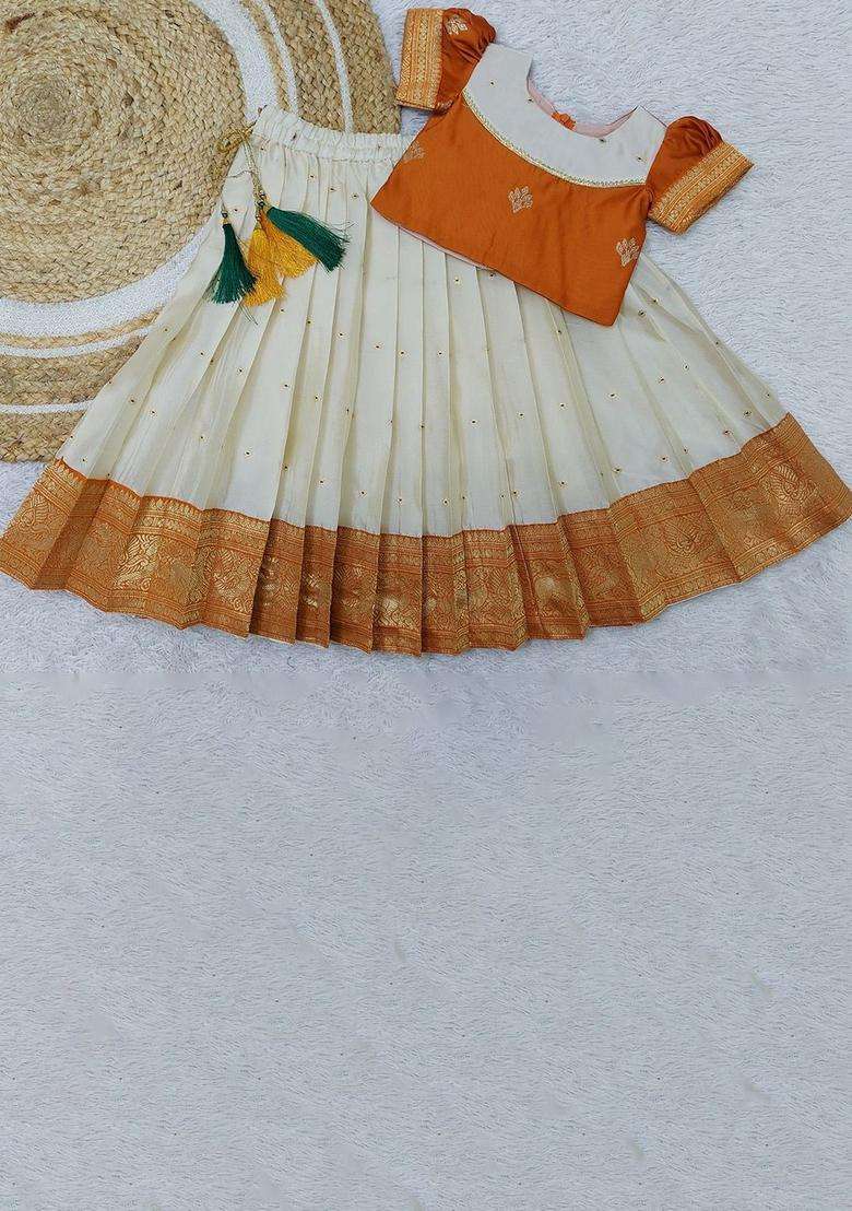 Orange Woven Design Cotton Lehenga Set For Girls - Indya