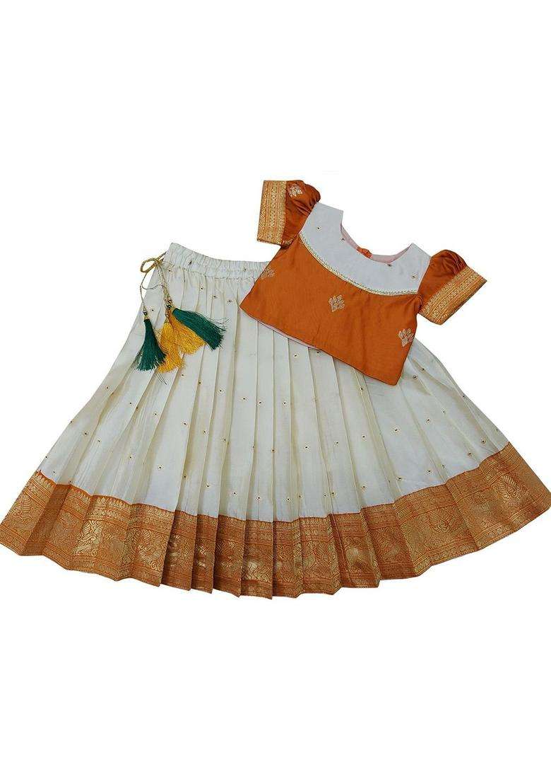 Orange Woven Design Cotton Lehenga Set For Girls - Indya
