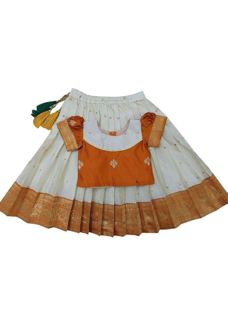 Orange Woven Design Cotton Lehenga Set For Girls - Indya