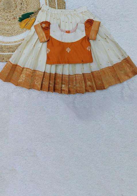 Orange Woven Design Cotton Lehenga Set For Girls