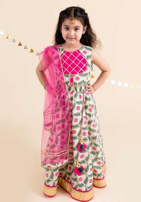 White Printed Cotton Lehenga Set For Girls — view on Indya
