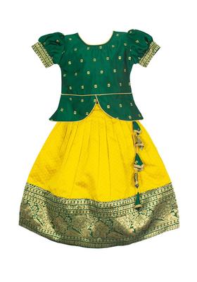 Green Woven Design Silk Lehenga Set For Girls