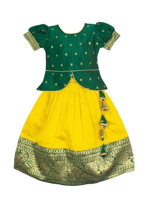 Green Woven Design Silk Lehenga Set For Girls — view on Indya
