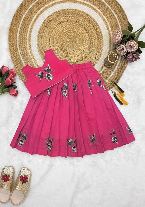 Pink Embroidered Cotton Lehenga Set For Girls — view on Indya