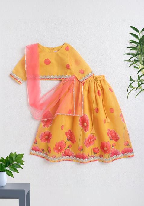 Yellow Printed Polyester Lehenga Set For Girls — view on Indya