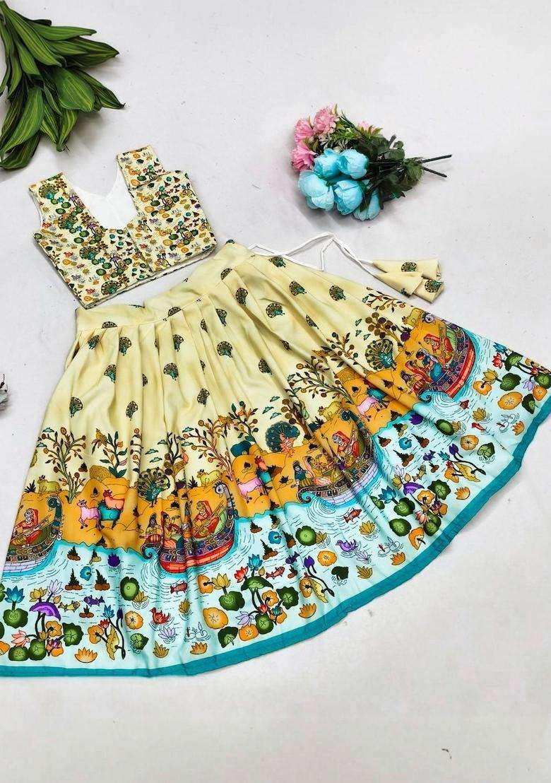 Beige Printed Viscose Lehenga Set For Girls - Indya