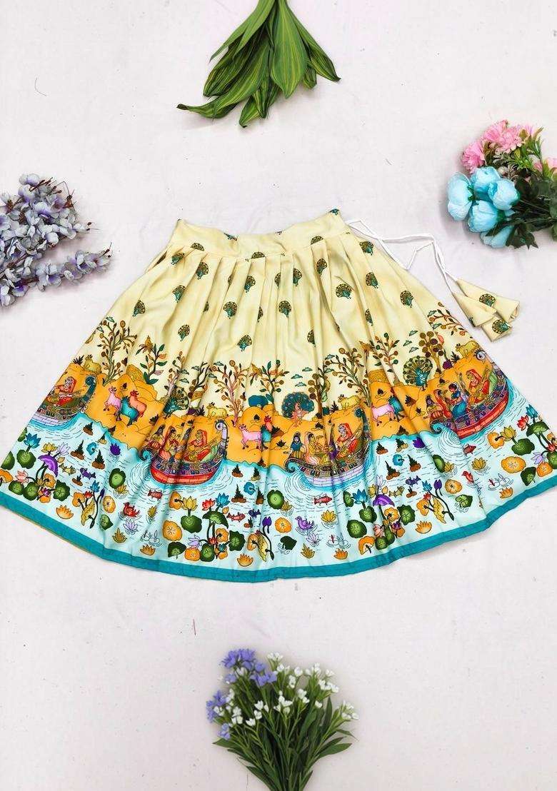 Beige Printed Viscose Lehenga Set For Girls - Indya