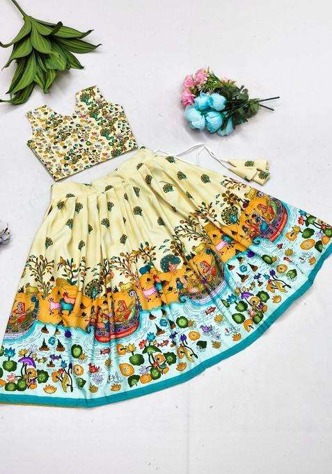 Beige Printed Viscose Lehenga Set For Girls