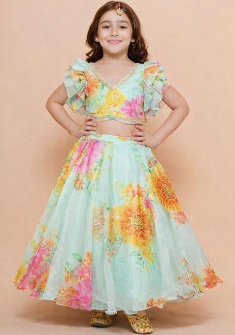 Green Printed Organza Lehenga Set For Girls — view on Indya