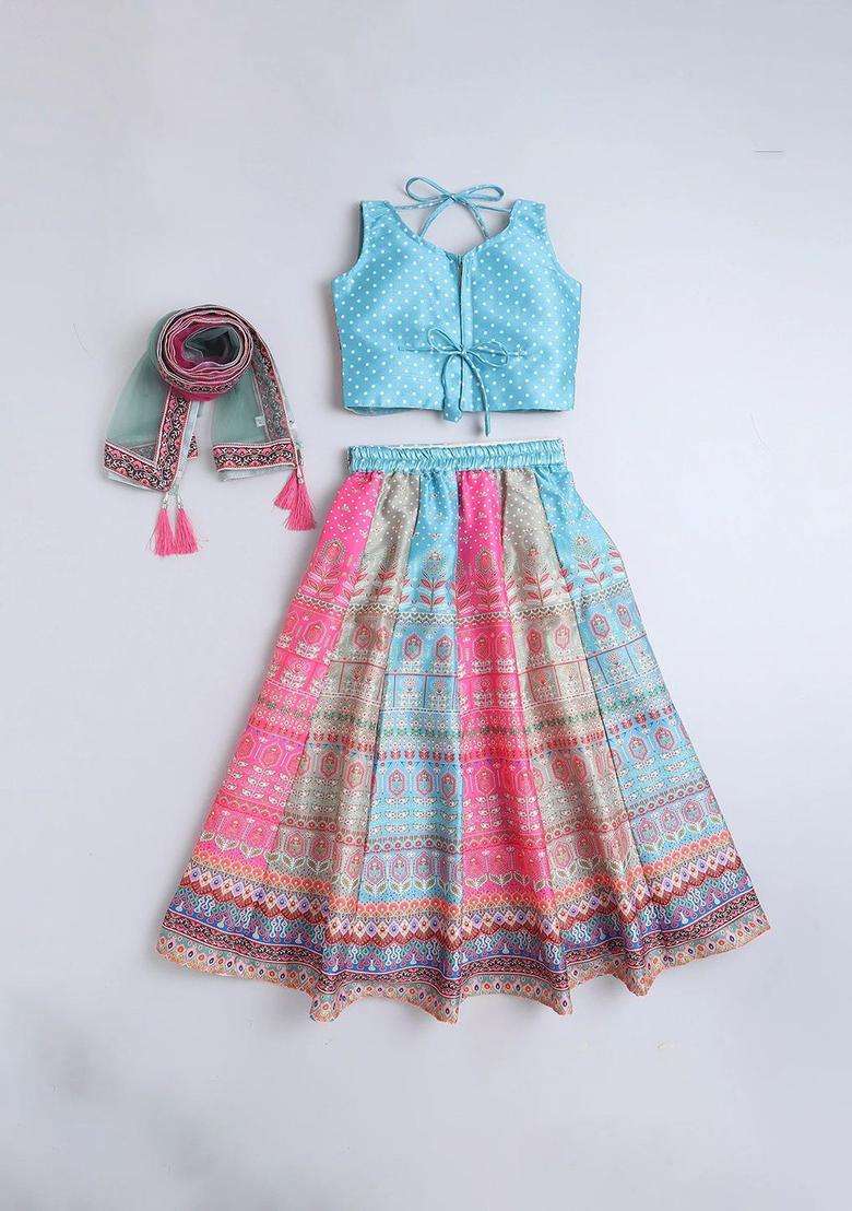Pink Printed Silk Lehenga Set For Girls - Indya