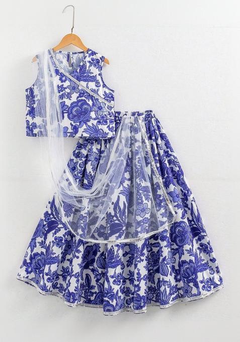 White Printed Polyester Lehenga Set For Girls — view on Indya