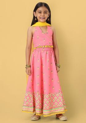 Pink Printed Polyester Lehenga Set For Girls